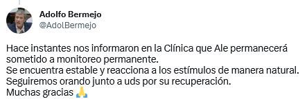 Adolfo Bermejo publicó en Twitter un hilo para informar el estado de salud de su hermano. Twitter.