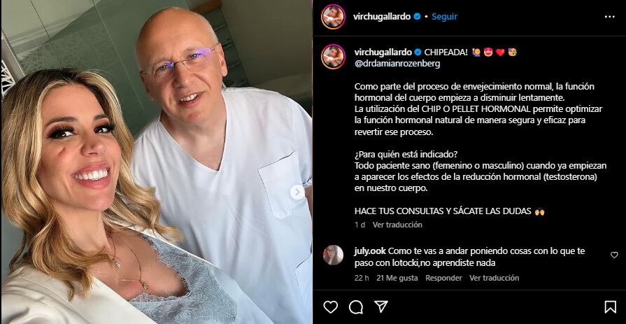 La modelo compartió que se implantó un chip en su cuenta de Instagram. Foto: Captura @virchugallardo.