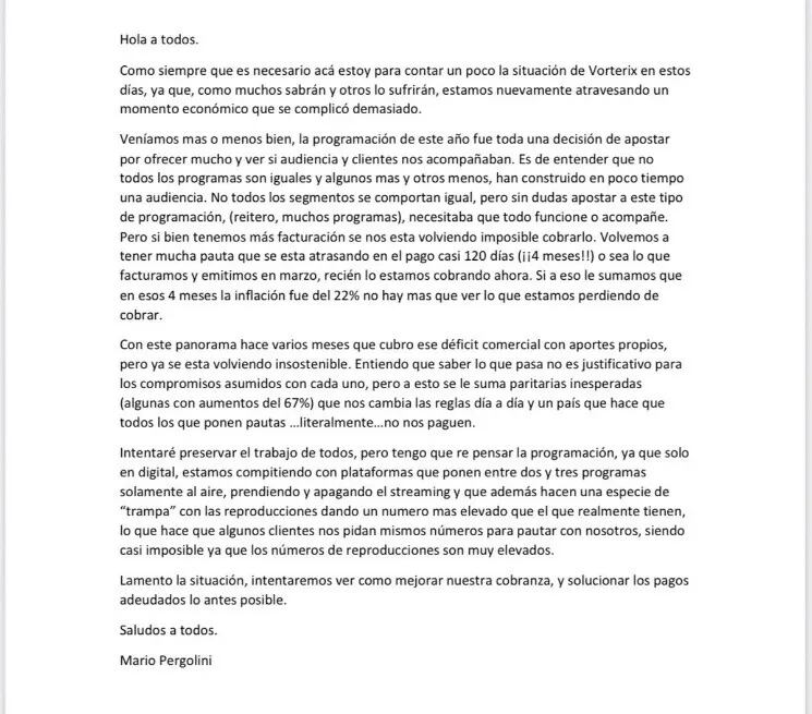 La carta de Pergolini para sus empleados de Vorterix