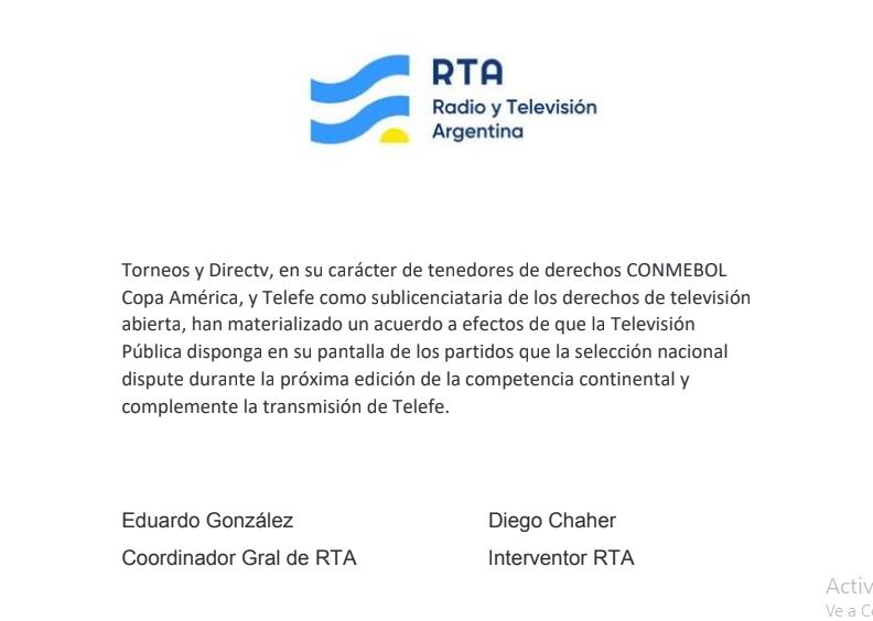 El comunicado que emitió Radio y Televisión Argentina.