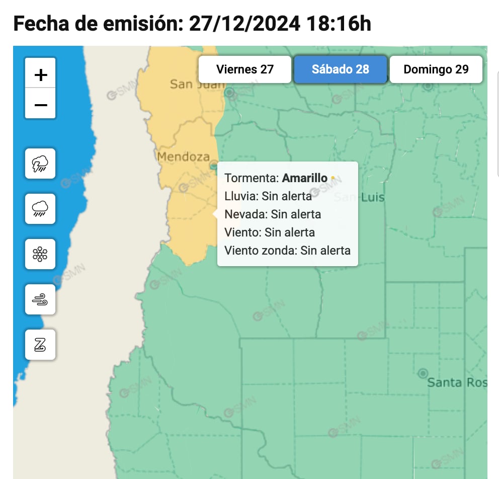 El Servicio Meteorológico lanzó una alerta amarilla por tormentas para este sábado 28 de diciembre.