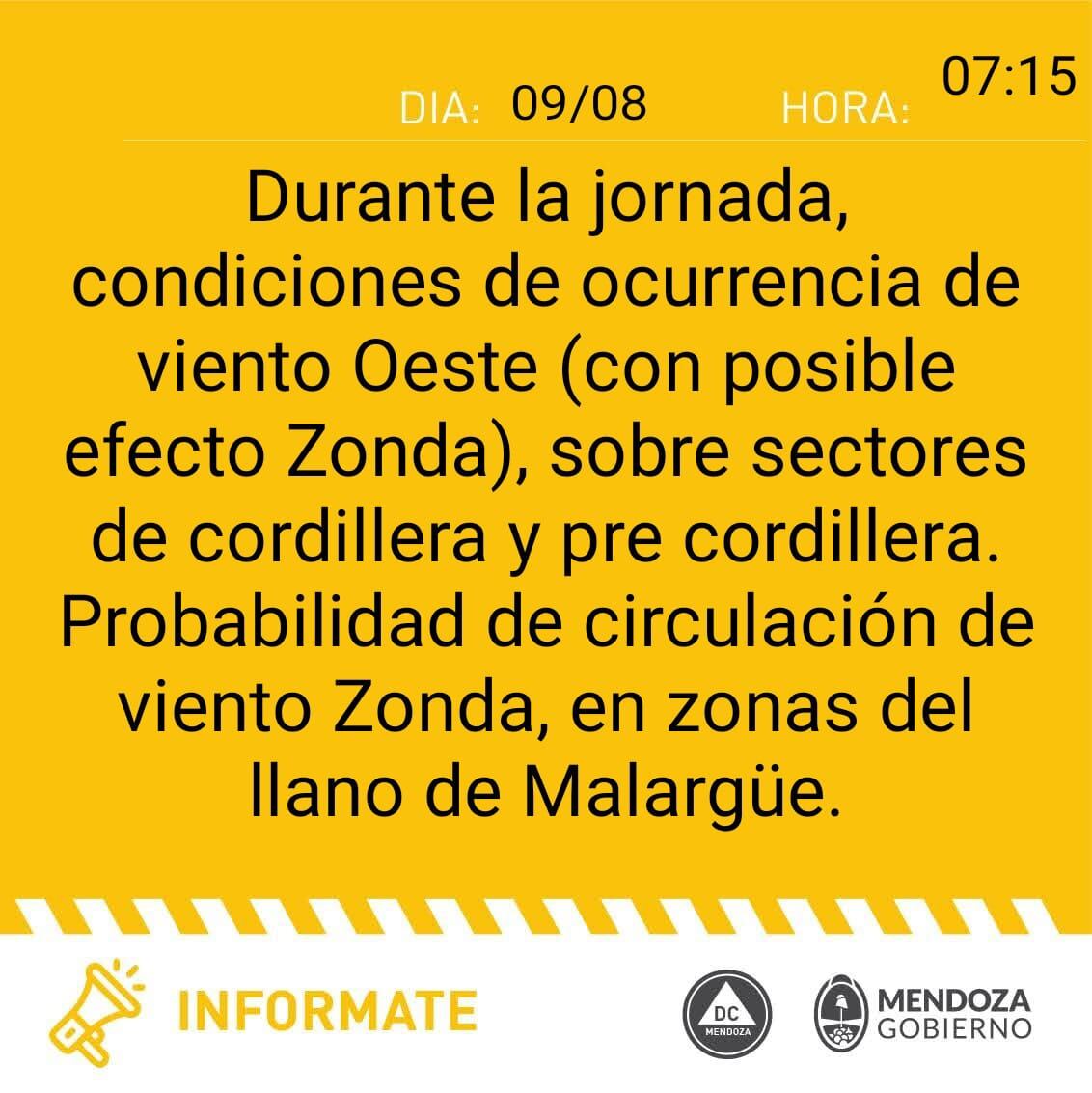 Alerta de viento Zonda en Mendoza (Defensa Civil)