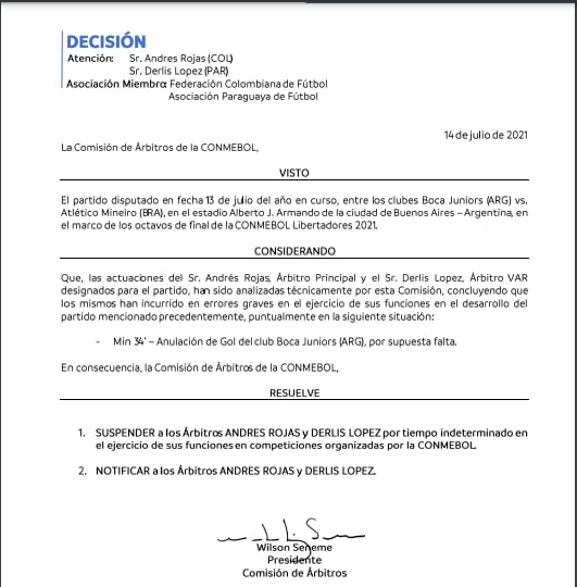 Los árbitros principales de Boca-Atlético Mineiro fueron suspendidos por tiempo indefinido.