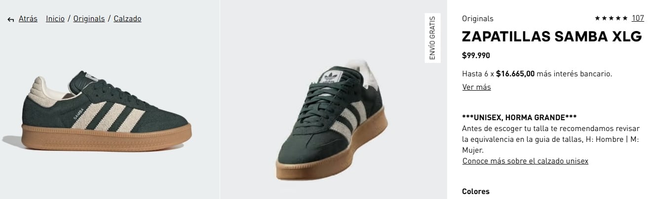 La tienda de Adidas Chile ofrece unas zapatillas Samba XLG a un precio promocional de $99.990 chilenos.