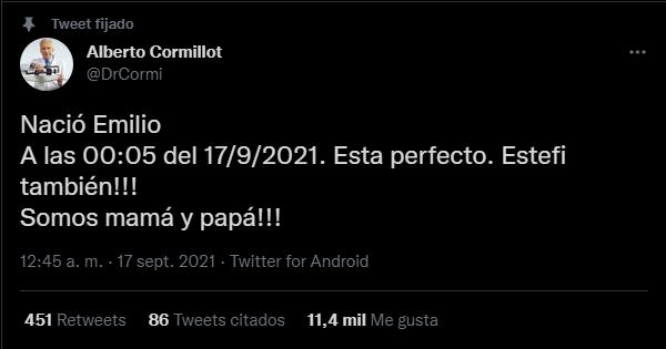 El doctor anunció el nacimiento de su hijo a través de su cuenta de Twitter.