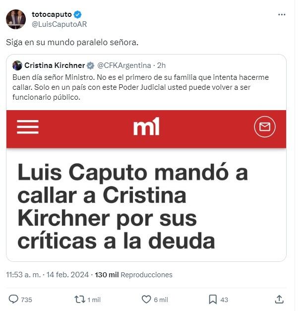 Cruce entre Cristina Kirchner y Luis Caputo (X)