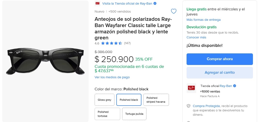 En nuestro país el mismo modelo Wayfarer Classic se encuentra en Mercado Libre a un precio de $250.900 argentinos.