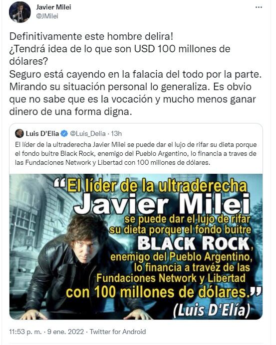 Sin filtro, Milei le contestó a D'Elía (Twitter)