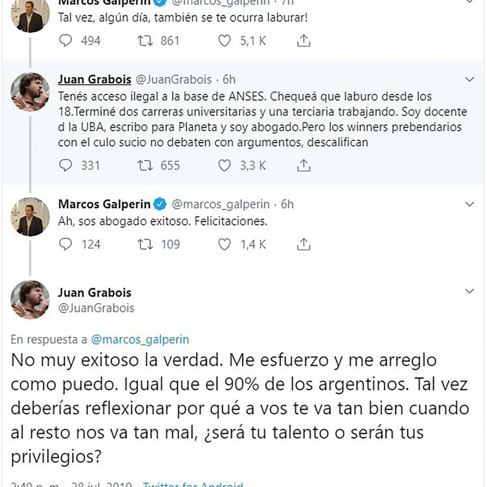 Juan Grabois y Marcos Galperín, en plena discusión vía Twitter.