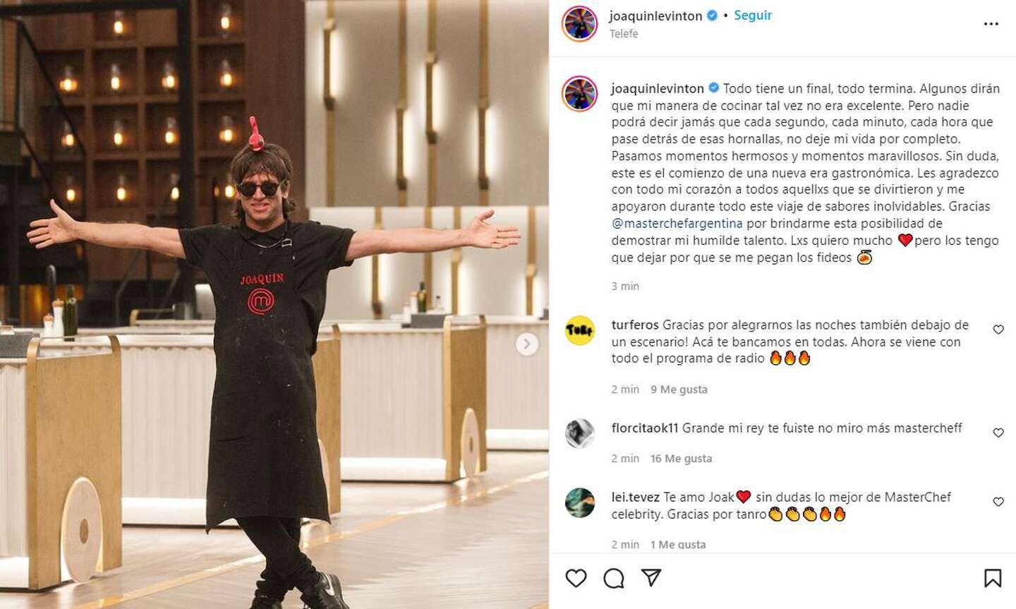 Joaquín Levinton fue eliminado de Masterchef Celebrity.