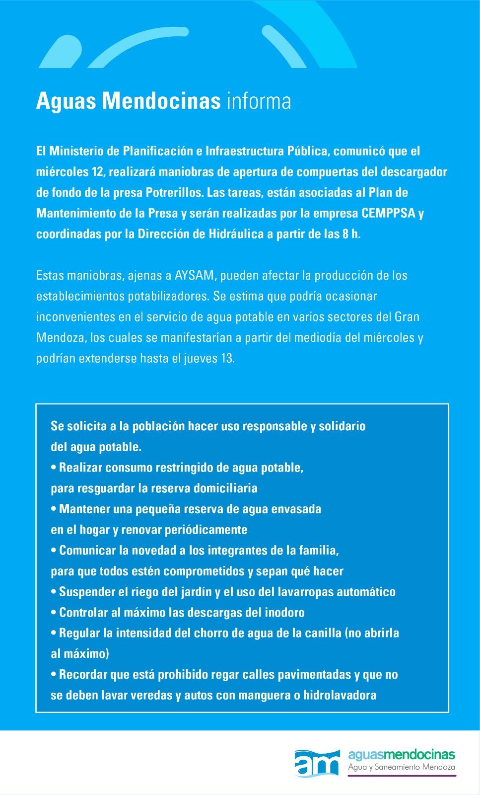 Comunicado de AYSAM, afectación en el dique potrerillos