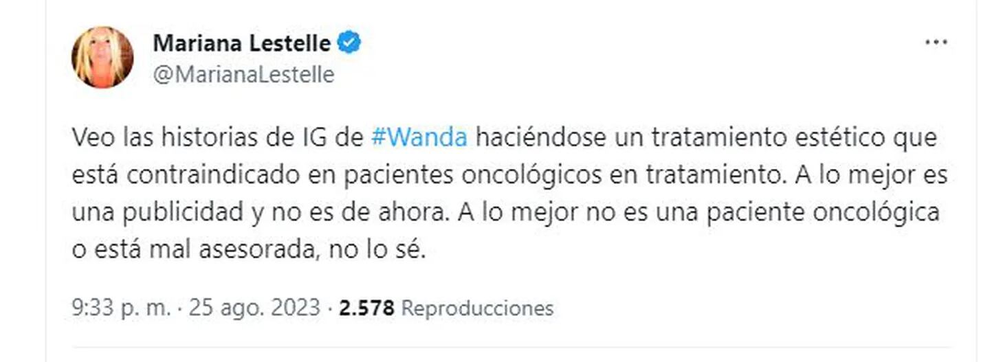 Mariana Lestelle cuestionó a Wanda Nara y su tratamiento estético