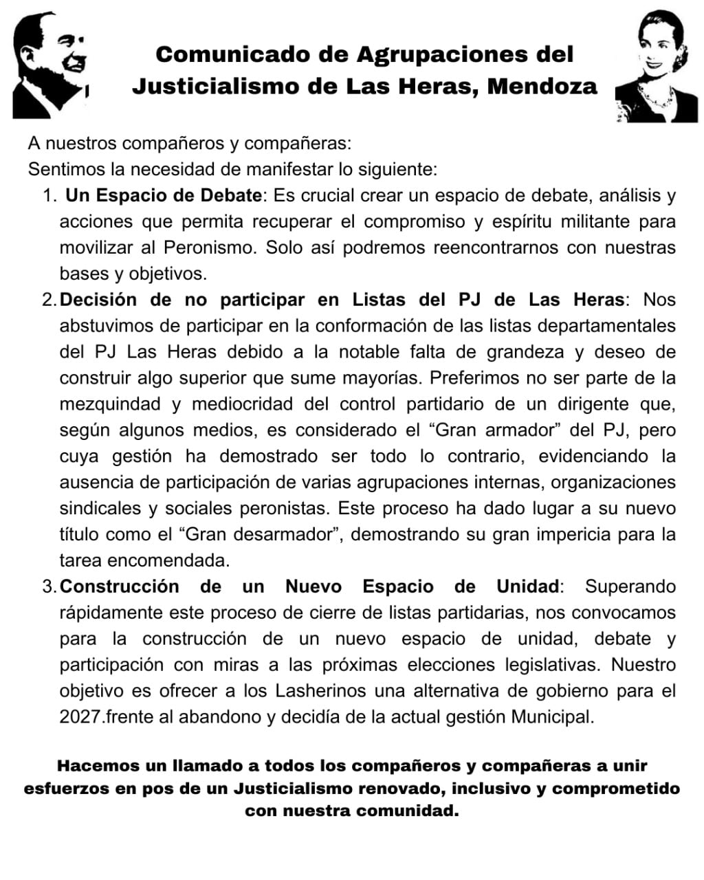 Agrupaciones Justicialistas de Las Heras marcaron diferencias con el "armador" en referencia a Carlos Ciurca.