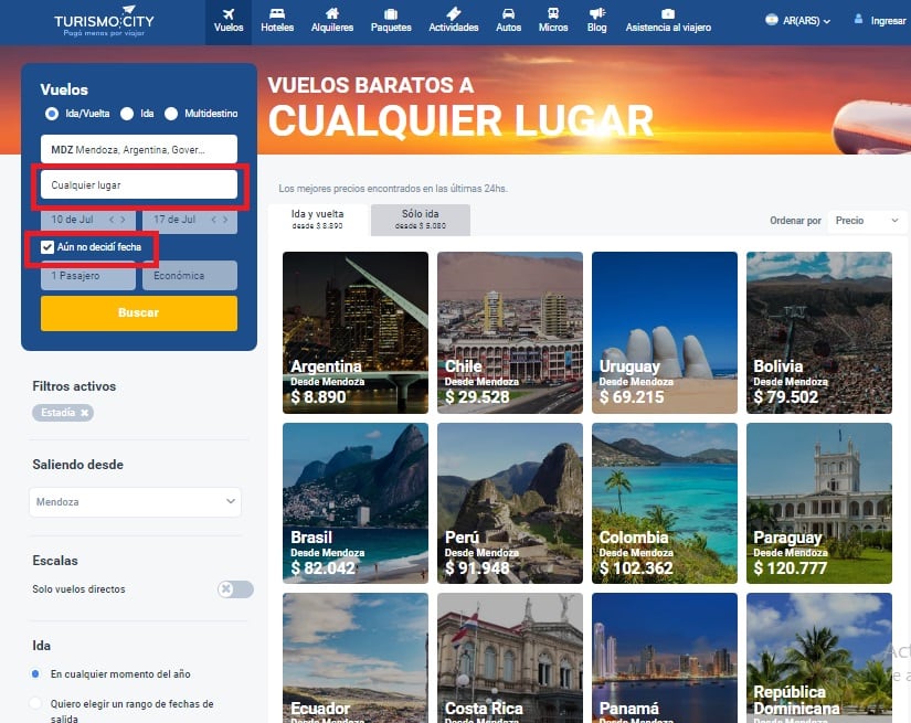 TurismoCity también da la opción de buscar sin lugar ni fecha específica