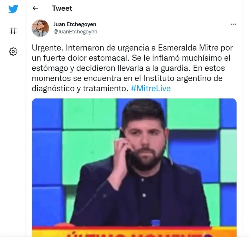 Esmeralda Mitre fue internada de urgencia.