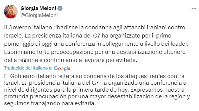 La primera ministra italiana, Giorgia Meloni, cuyo país ocupa la presidencia rotatoria del G7 - X