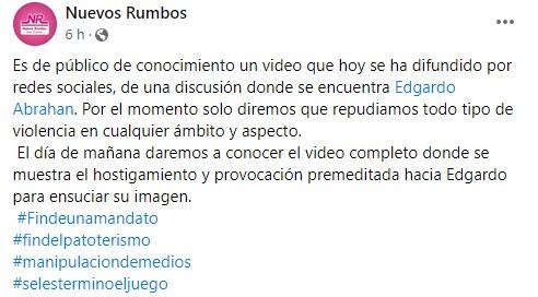 El comunicado de Nuevos Rumbos que publicó en Facebook.