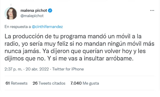 Malena Pichot respondió a Cinthia en Twitter.