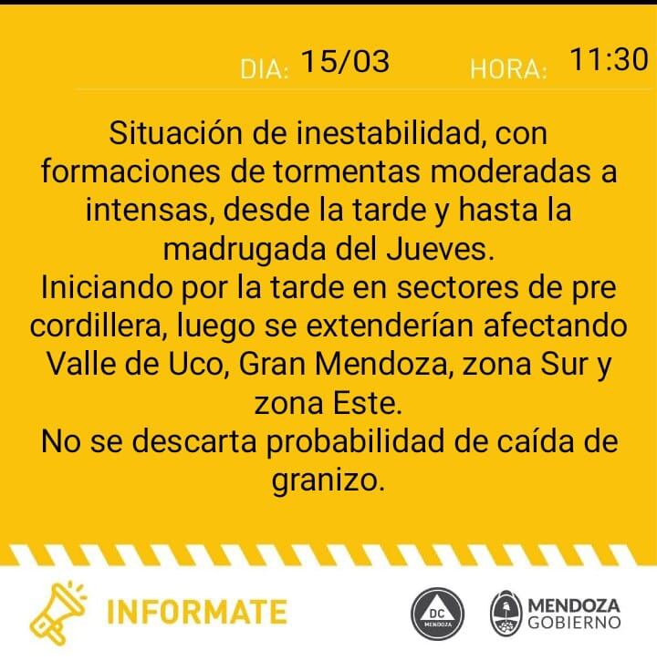 Alerta de Defensa Civil por tormentas en Mendoza