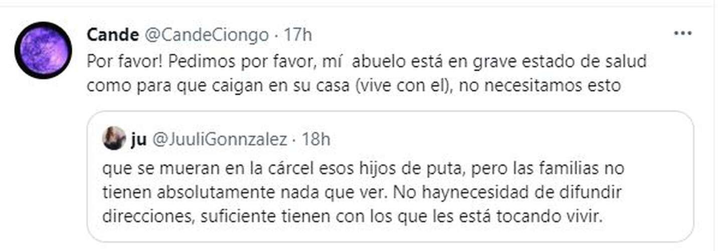 La prima de uno de los imputados pidió a través de las redes que no se difundan las direcciones de los acusados.