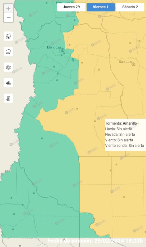 Mapa de tormentas para este viernes 1 de marzo. Foto: Servicio Meteorológico Nacional