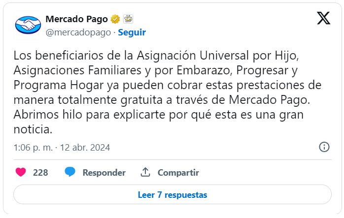 Mercado Pago sale a buscar a los beneficiarios de ANSES para que cobren sus asignaciones en la app. Captura: X / @mercadopago