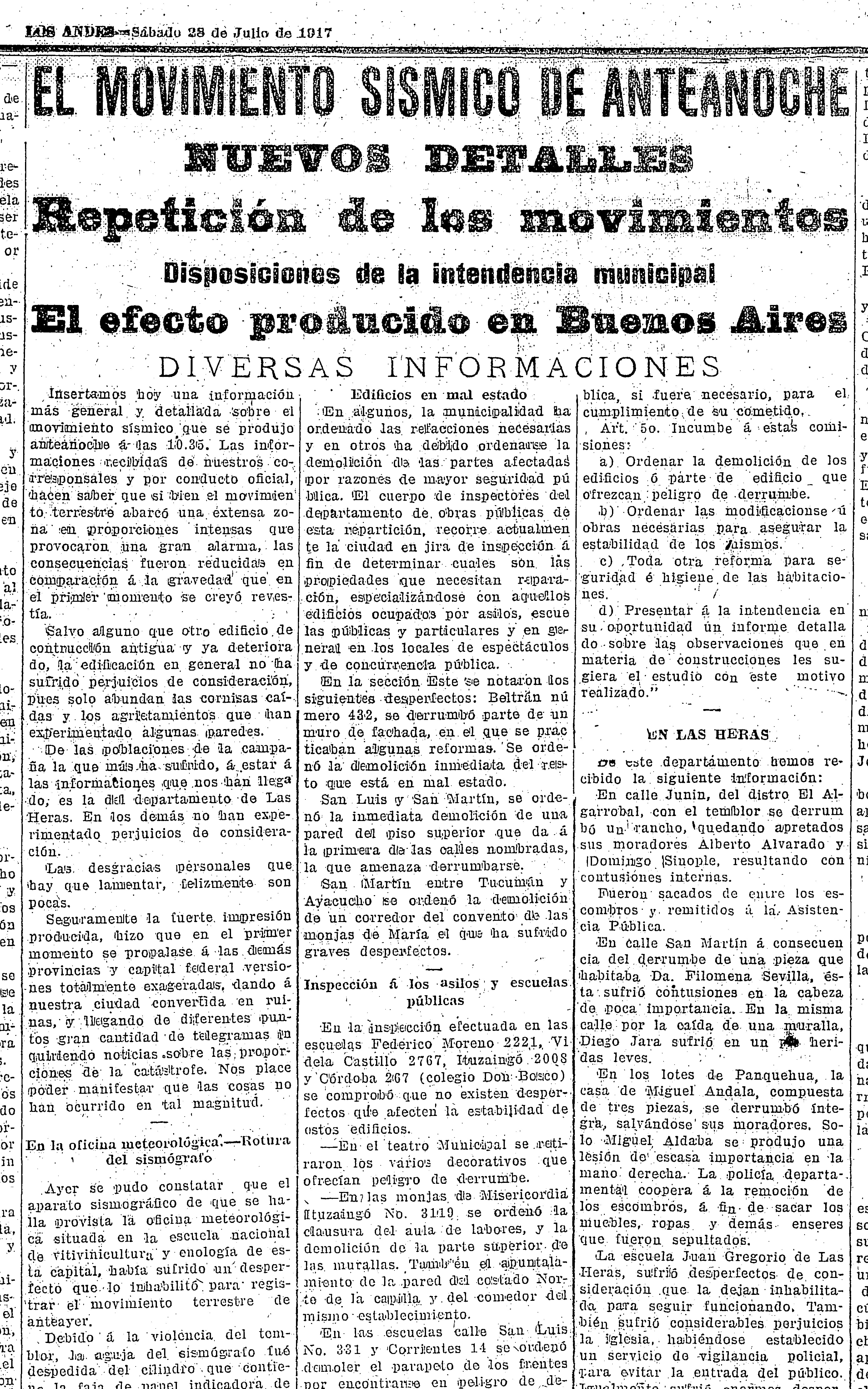 Las crónicas del 28 de julio de 1917 reflejan los daños del histórico sismo de Mendoza y las secciones en las que se dividirá la Ciudada para hacer las inspecciones en las viviendas.