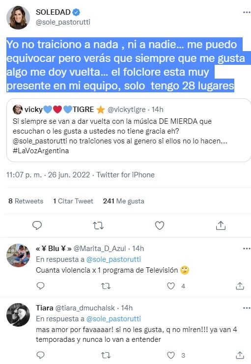 La Sole Pastorutti contestó a las críticas por el folclore en La Voz Argentina  (Twitter)