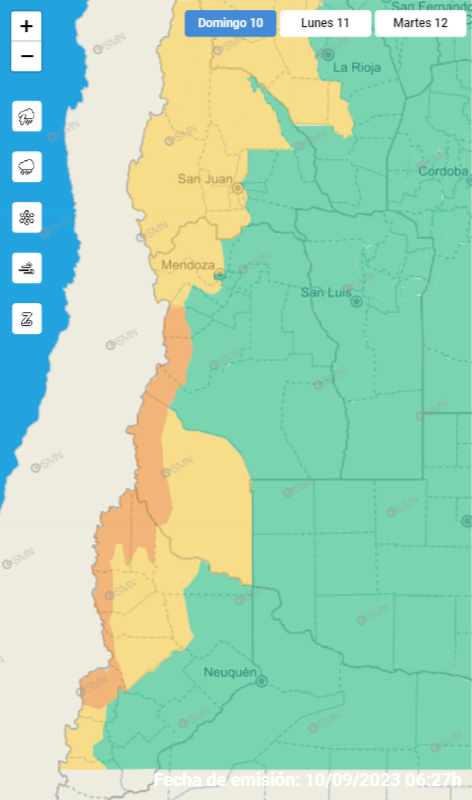 Pronóstico del tiempo: alertas por intensas nevadas y zonda en algunos departamentos de Mendoza.