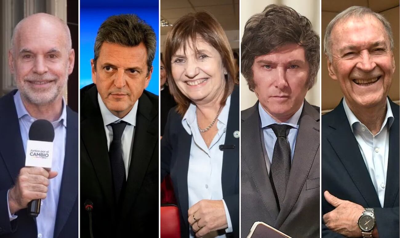 Horacio Rodríguez Larreta, Sergio Massa, Patricia Bullrich, Javier Milei y Juan Schiaretti. Algunos de los precandidatos a presidente en 2023.