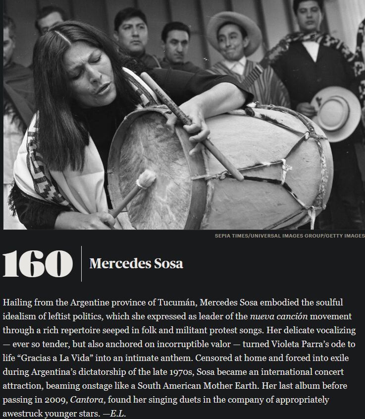 Mercedes Sosa en el puesto 160 de los 200 mejores cantantes de todos los tiempos. Foto: Rolling Stone