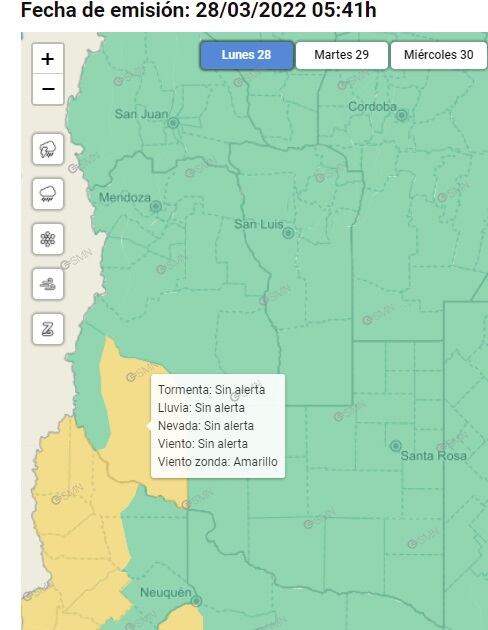 Alerta amarillo por Zonda en Malargüe (SMN)