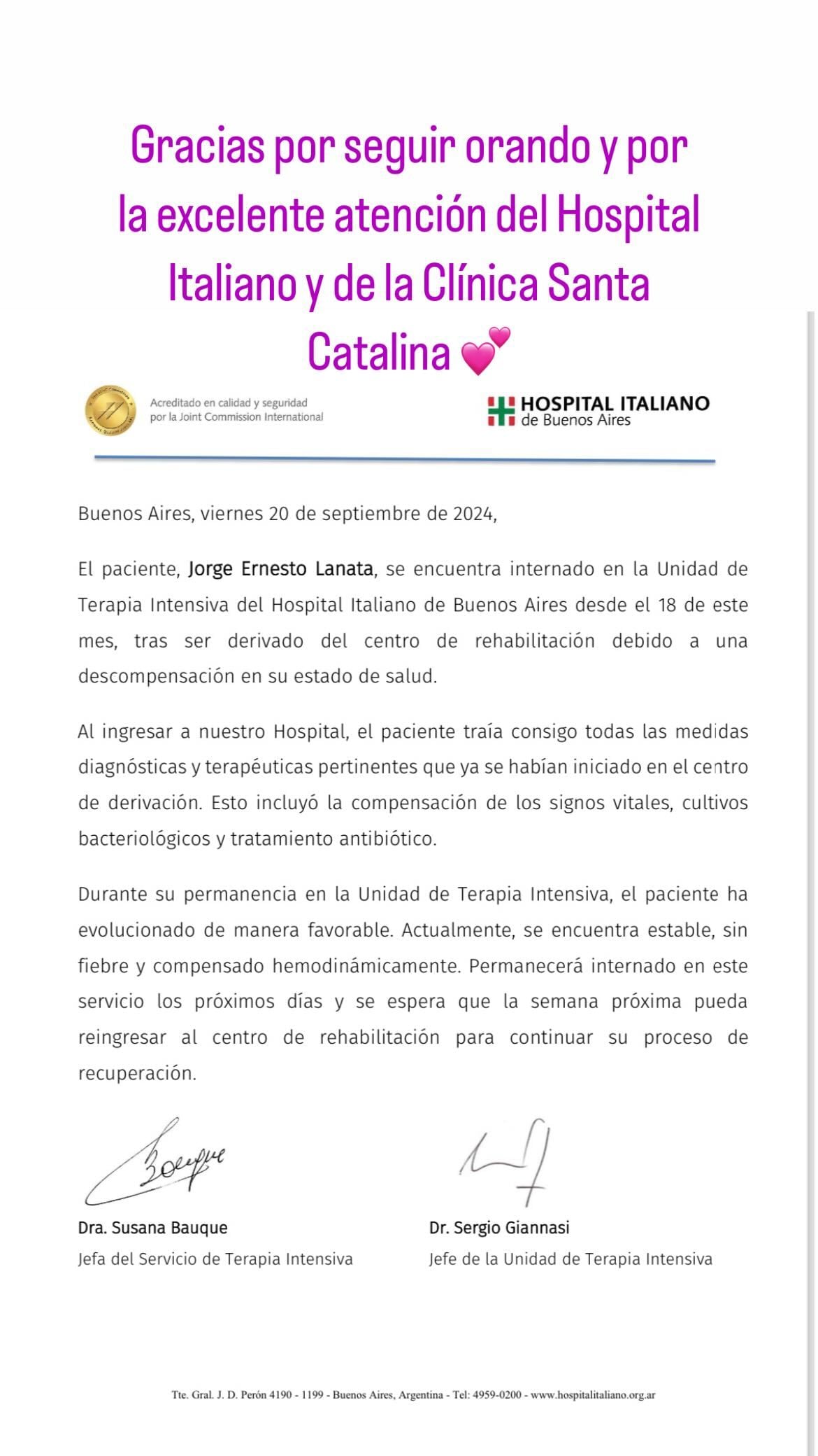 Parte médico de Jorge Lanata publicado por su mujer Elba Marcovecchio / @elbitamarcovecchio