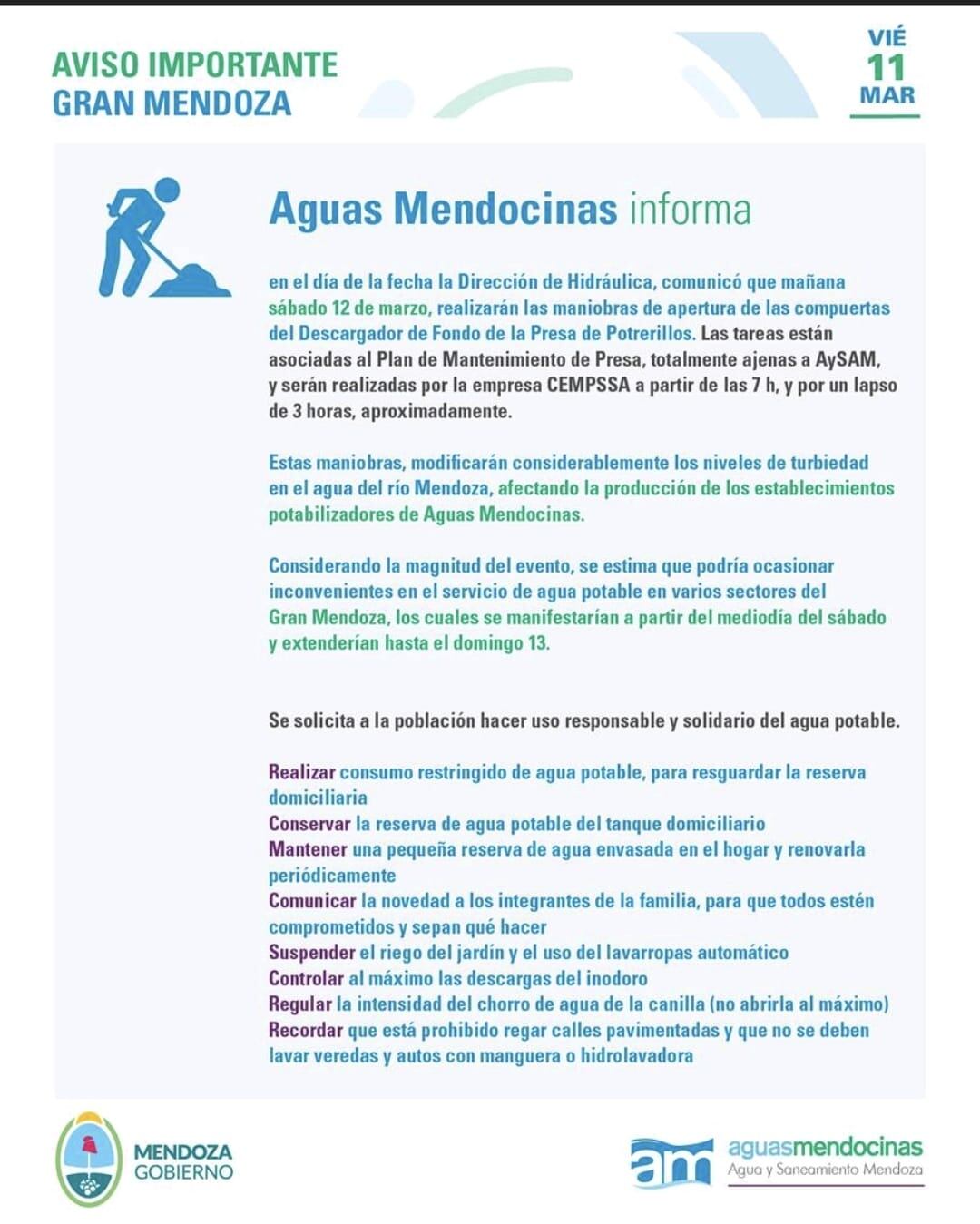 El comunicado de Aguas Mendocinas.