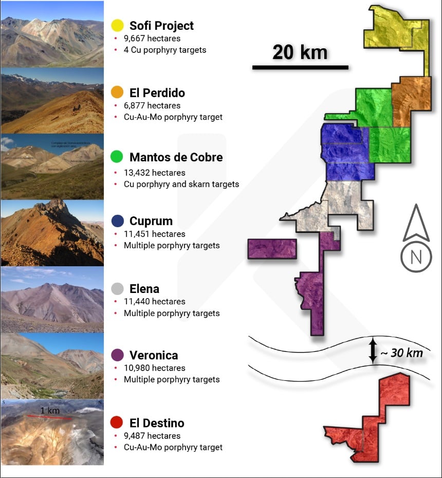 Las referencias de la empresa canadiense, sobre la distribución del  área de 73.334 hectáreas en Malargüe, donde llevará adelante siete proyectos de explotación de cobre,