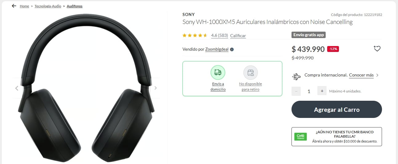 La tienda de Falabella ofrece unos auriculares Sony WH-1000XM5 Inalámbricos con Noise Cancelling a un precio promocional de $439.990 chilenos.