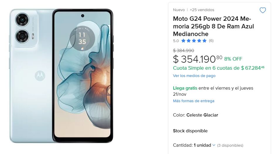 En nuestro país el mismo modelo de Motorola se encuentra en Mercado Libre a un precio de $354.190 argentinos, con un 8% de descuento.