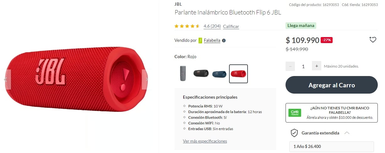 Parlante Inalámbrico Bluetooth Flip 6 JBL, disponible en Chile a $109.990 chilenos con un 27% de descuento.