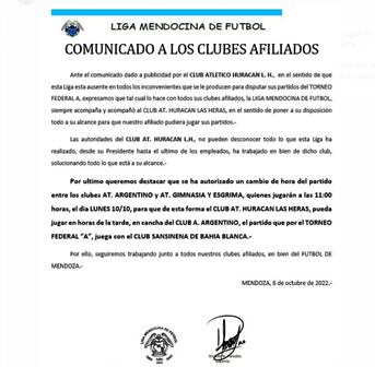 Comunicado oficial de Liga Mendocina.