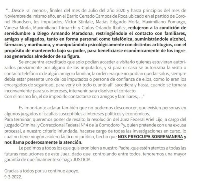 La segunda parte del escrito, firmado por los herederos de Diego Armando Maradona