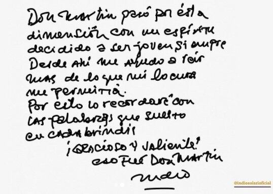 De puño y letra: la carta de despedida del Indio Solari a Martín Carrizo (Instagram)