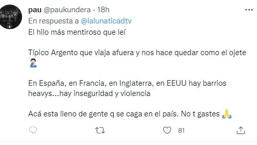 Reacciones en Twitter al hilo de la argentina que vive en España y habla de la inseguridad (Twitter)