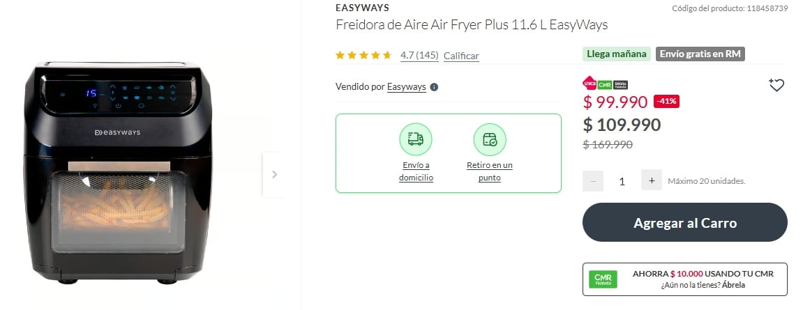 La tienda de Falabella ofrece una Freidora de Aire Air Fryer Plus 11.6 L EasyWays a un precio promocional de $99.990 chilenos.