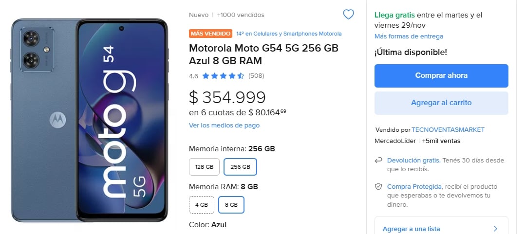 En nuestro país el mismo modelo de Motorola se encuentra en Mercado Libre a un precio de $354.999 argentinos.