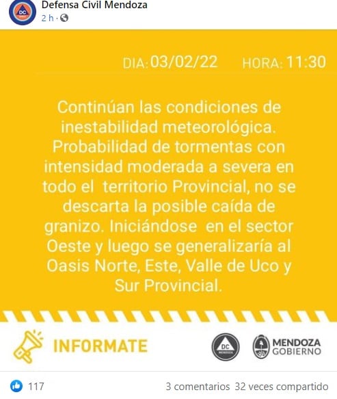 Alerta de Defensa Civil por tormenta en Mendoza  