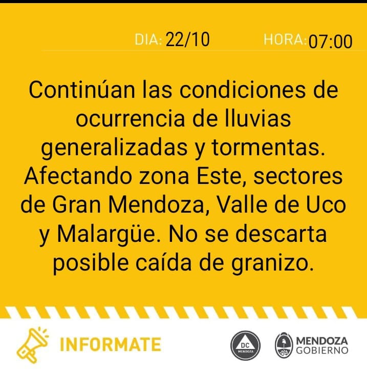 Alerta amarilla por tormentas en Mendoza.