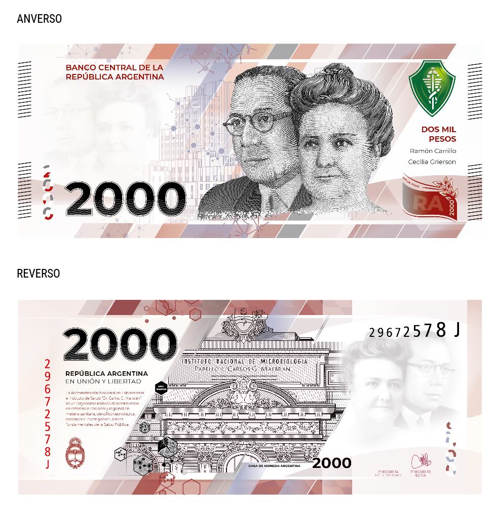 Billete de 2000 pesos con la imagen de Cecilia Grierson y al doctor Ramón Carrillo - BCRA