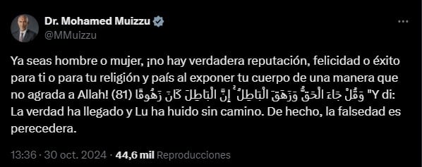 El presidente de Maldivas, Mohamed Muizzu, repudió la participación de la joven en Miss Universo.