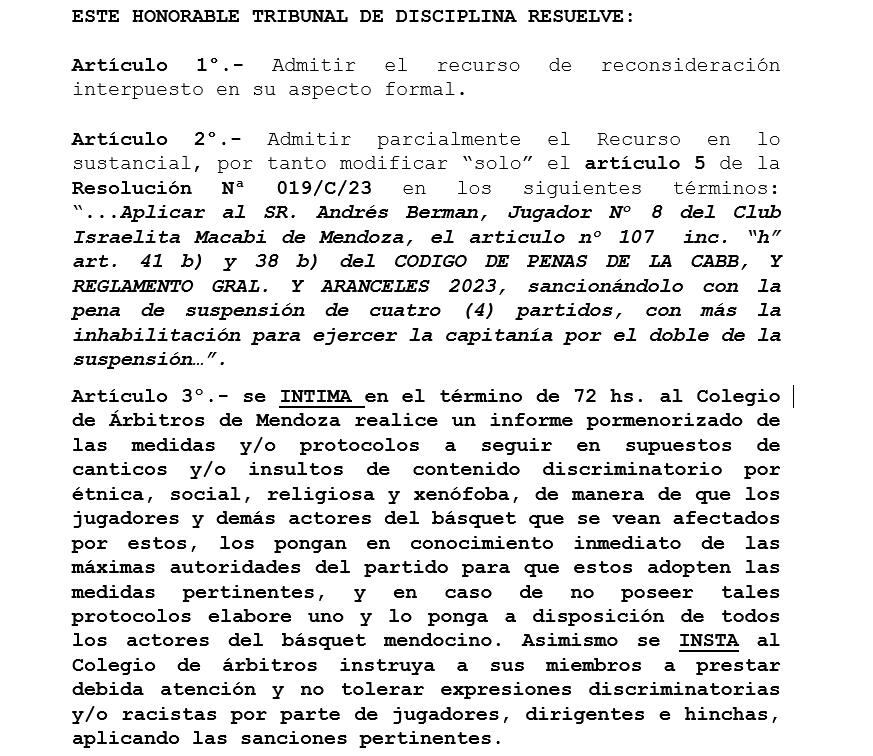 El fallo de la reconsideración del Tribunas de Penas del Básquet de Mendoza. / Gentileza.