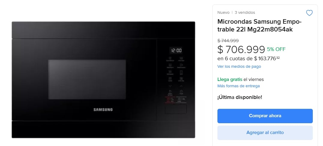 En contraste, en Argentina el mismo modelo de microondas se encuentra en Mercado Libre por $706.999 argentinos.